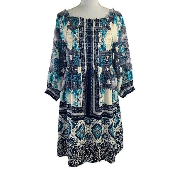 Luxology Dress Blue and White Floral Knee Length Ruched Elastic Chest Lined Poly - Picture 3 of 12